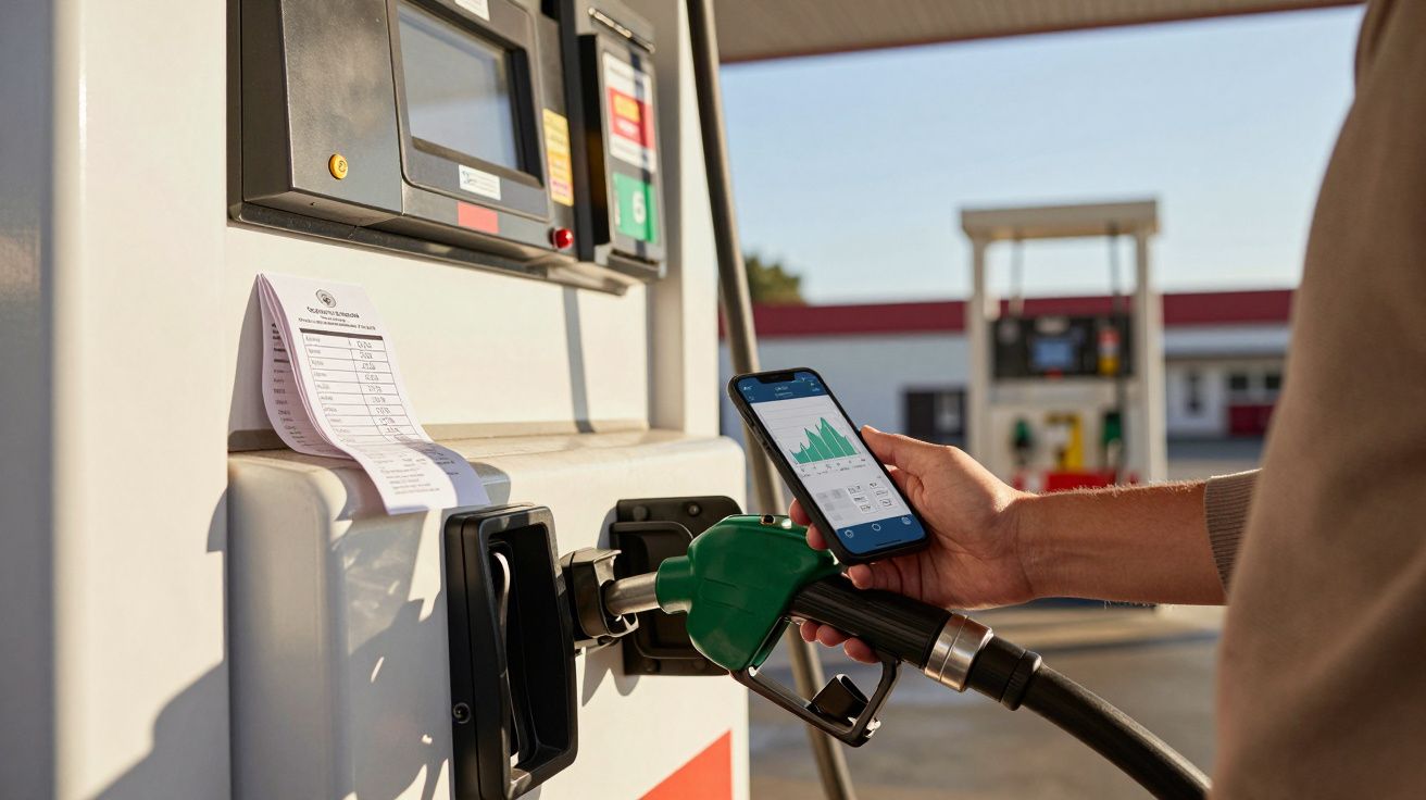 Pessoa segura telemóvel com gráfico enquanto abastece carro num posto de combustível ao ar livre.