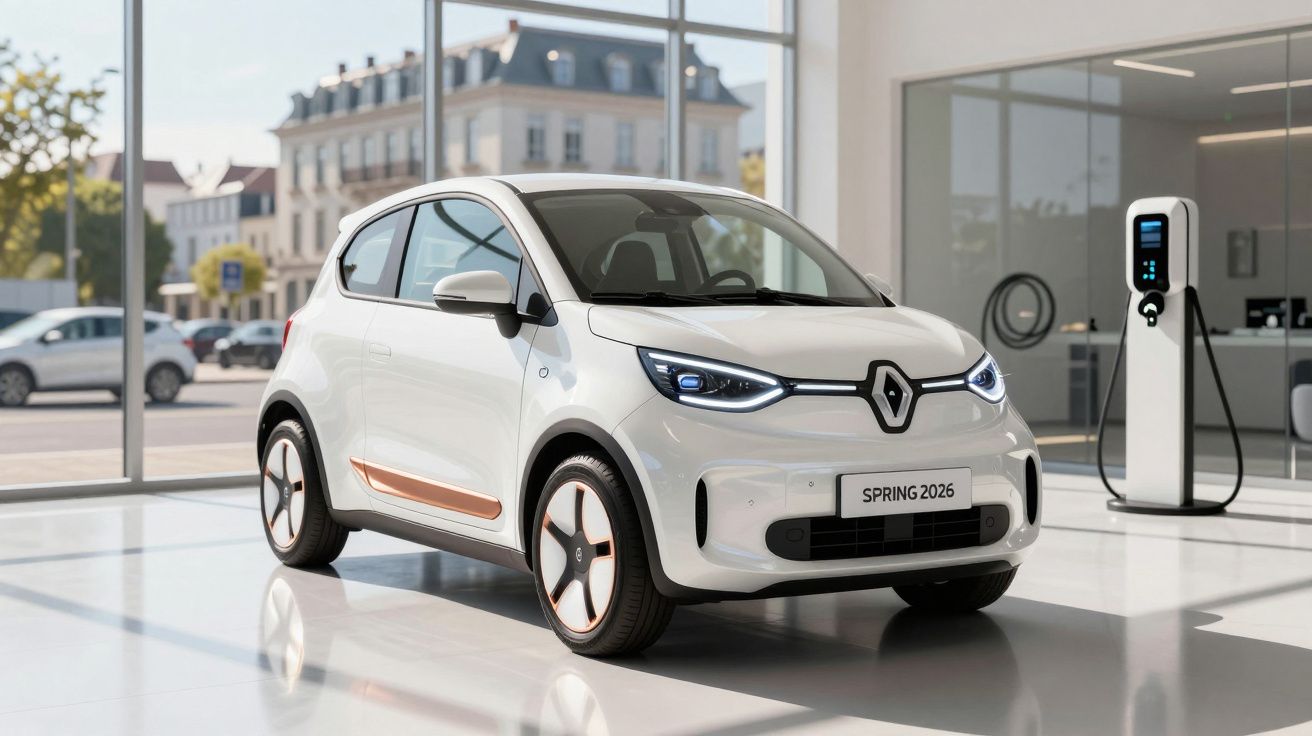 Automóvel elétrico branco Renault Spring 2026 em exposição numa sala moderna com posto de carregamento.