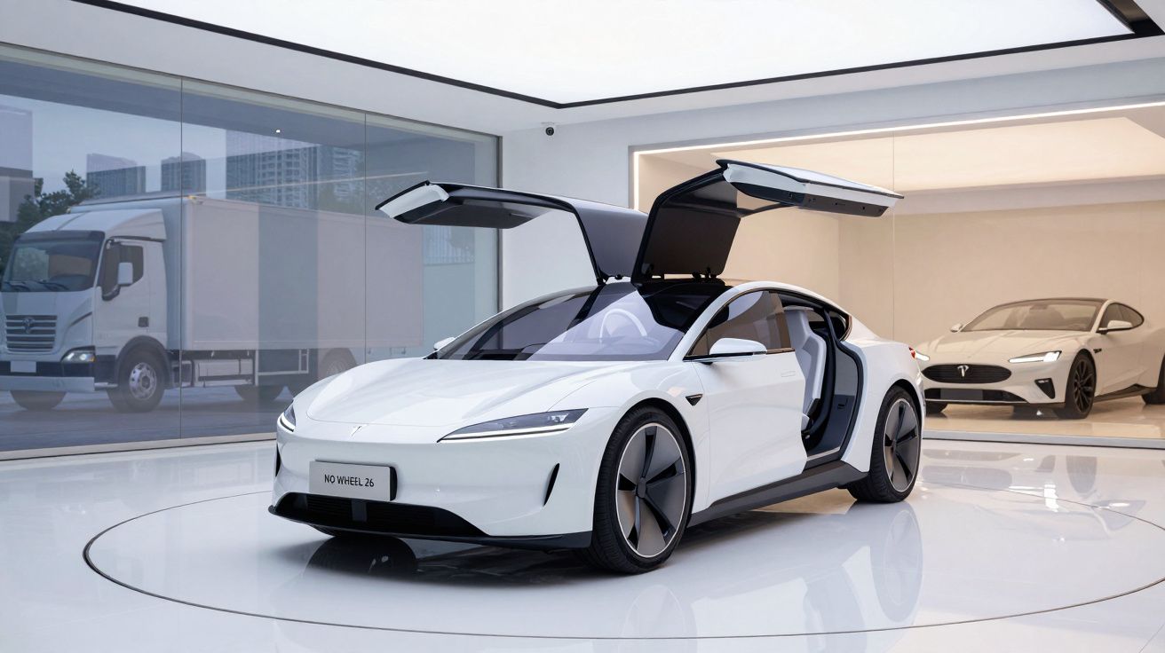 Carro elétrico branco com portas tipo asas de gaivota aberto, em showroom moderno e minimalista.