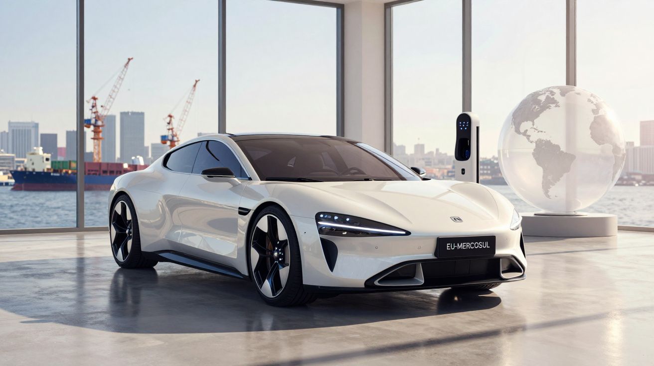 Carro elétrico desportivo branco estacionado em garagem moderna com carregador e vista marítima ao fundo.