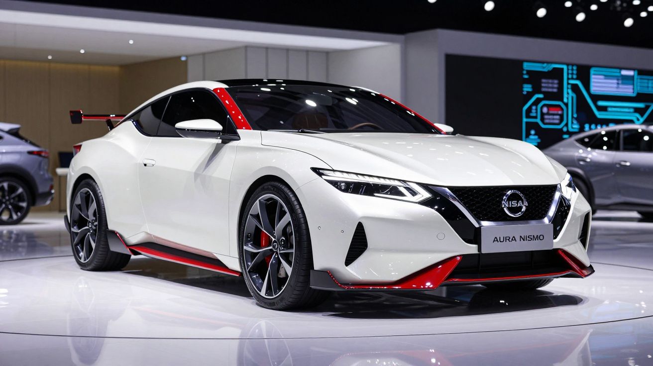 Carro desportivo Nissan Aura Nismo branco com detalhes em vermelho exposto num salão automóvel.