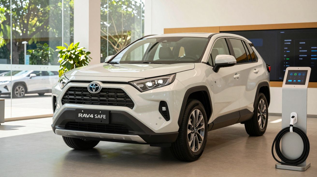 Toyota RAV4 branco estacionado em showroom ao lado de estação de carregamento elétrico.