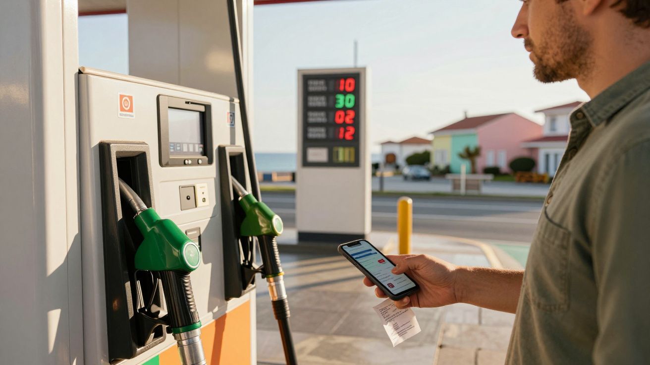 Homem consulta telemóvel junto a bomba de combustível numa estação de serviço ao ar livre.