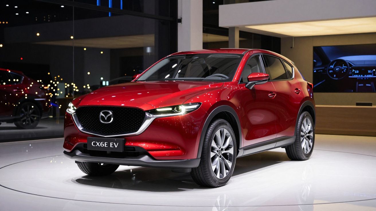 Carro elétrico Mazda CX-6 EV de cor vermelha expos no interior de showroom moderno e iluminado.