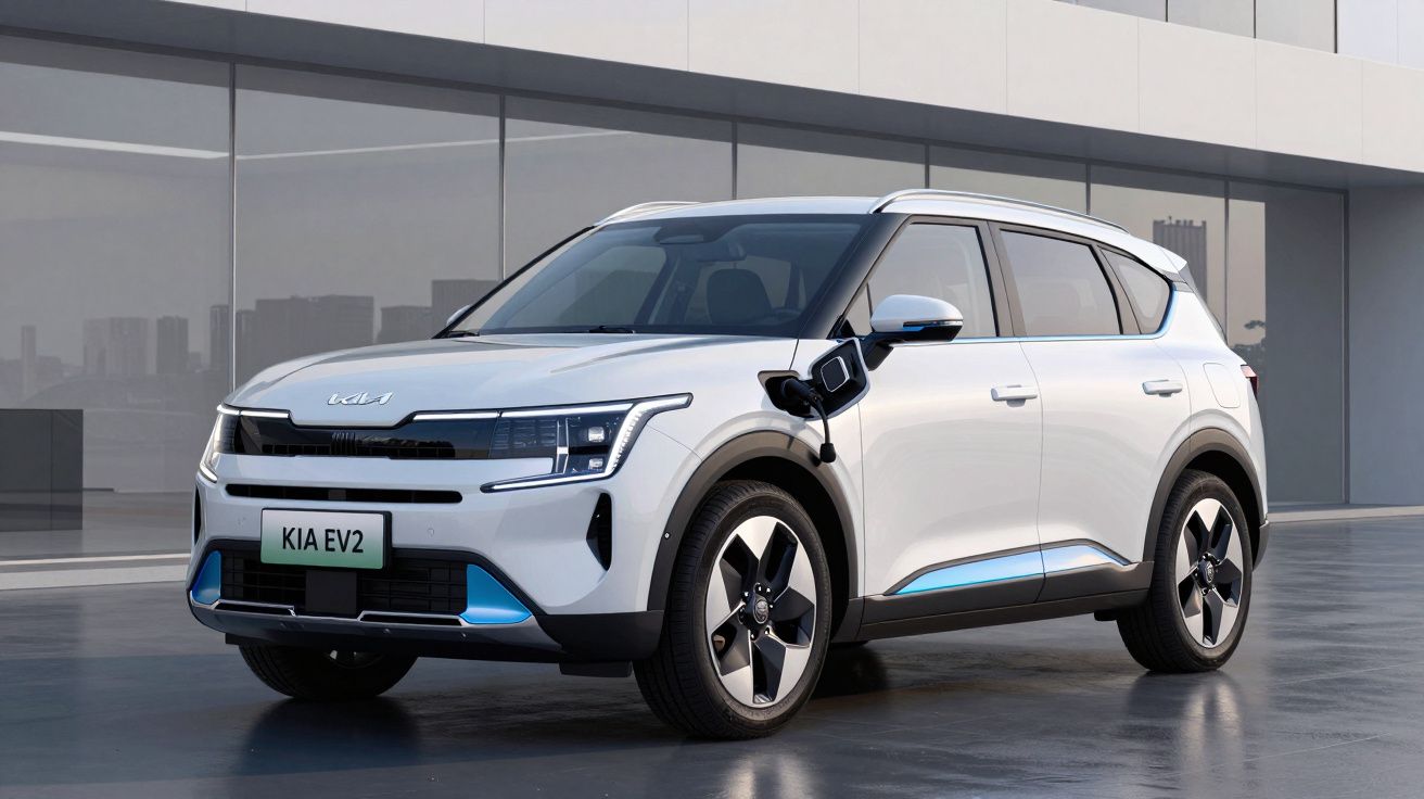 Carro elétrico branco Kia EV2 estacionado junto a um edifício moderno, a carregar na porta lateral dianteira.