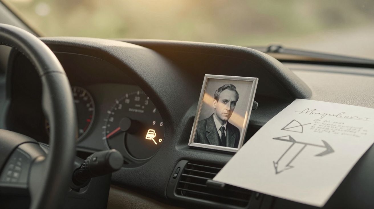 Painel de carro com fotografia a preto e branco e papel com desenhos e notas em cima do tablier.