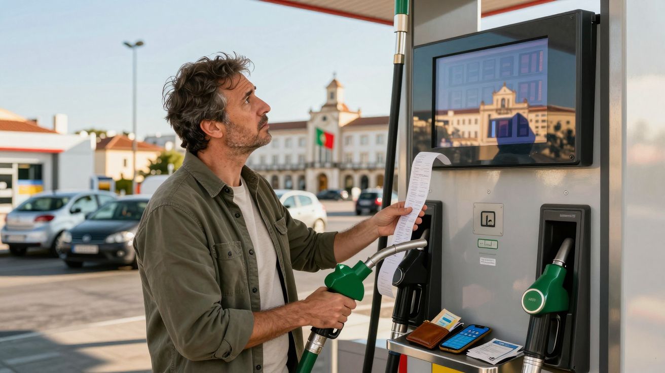 Homem usa bomba para abastecer carro e verifica conta enquanto está num posto de combustível ao ar livre.