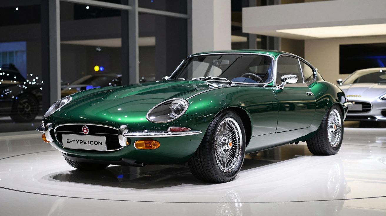 Carro desportivo clássico verde metálico exposto num salão de automóveis moderno e luminoso.