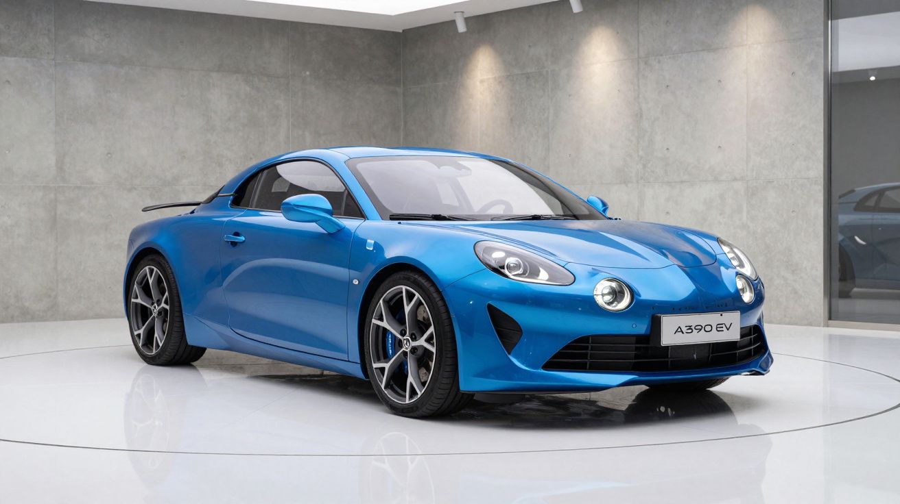 Carro desportivo eléctrico azul Alpine A390 EV estacionado num estúdio com chão branco e parede cinzenta.