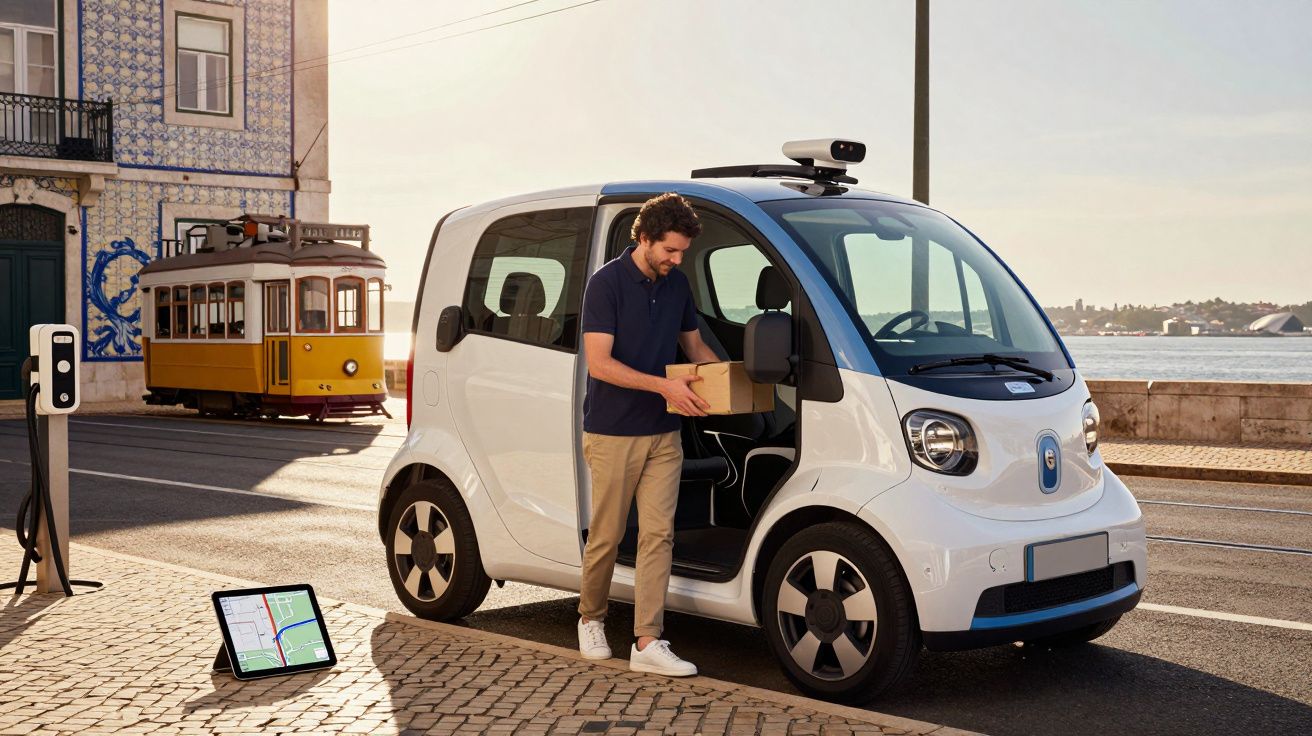 Homem com caixa ao lado de carro elétrico compacto estacionado na beira da água em Lisboa.