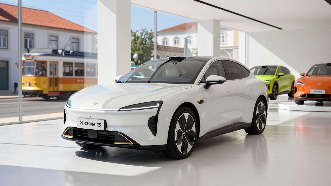 Carro elétrico branco exposto numa loja moderna com janelas grandes, elétricos coloridos ao fundo e elétrico clássico na rua.