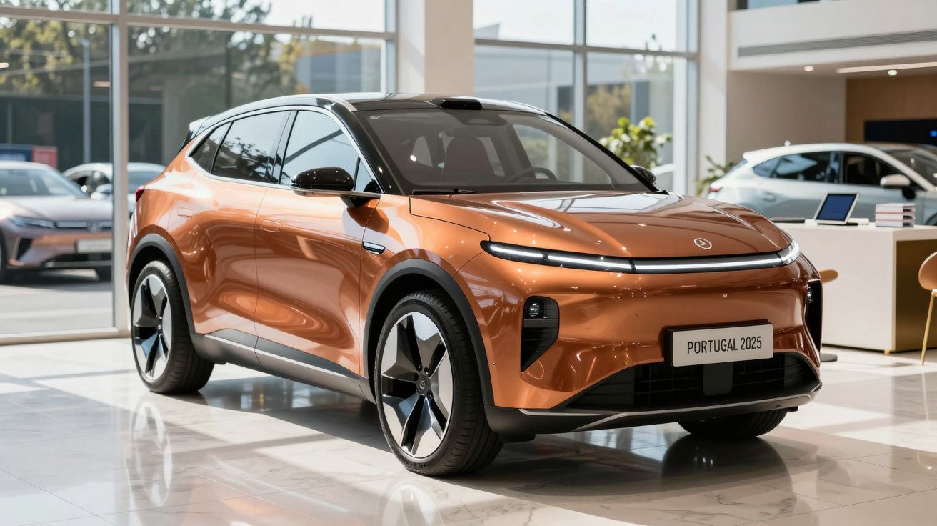 Carro elétrico moderno cor cobre exposto em showroom com placa "Portugal 2025".