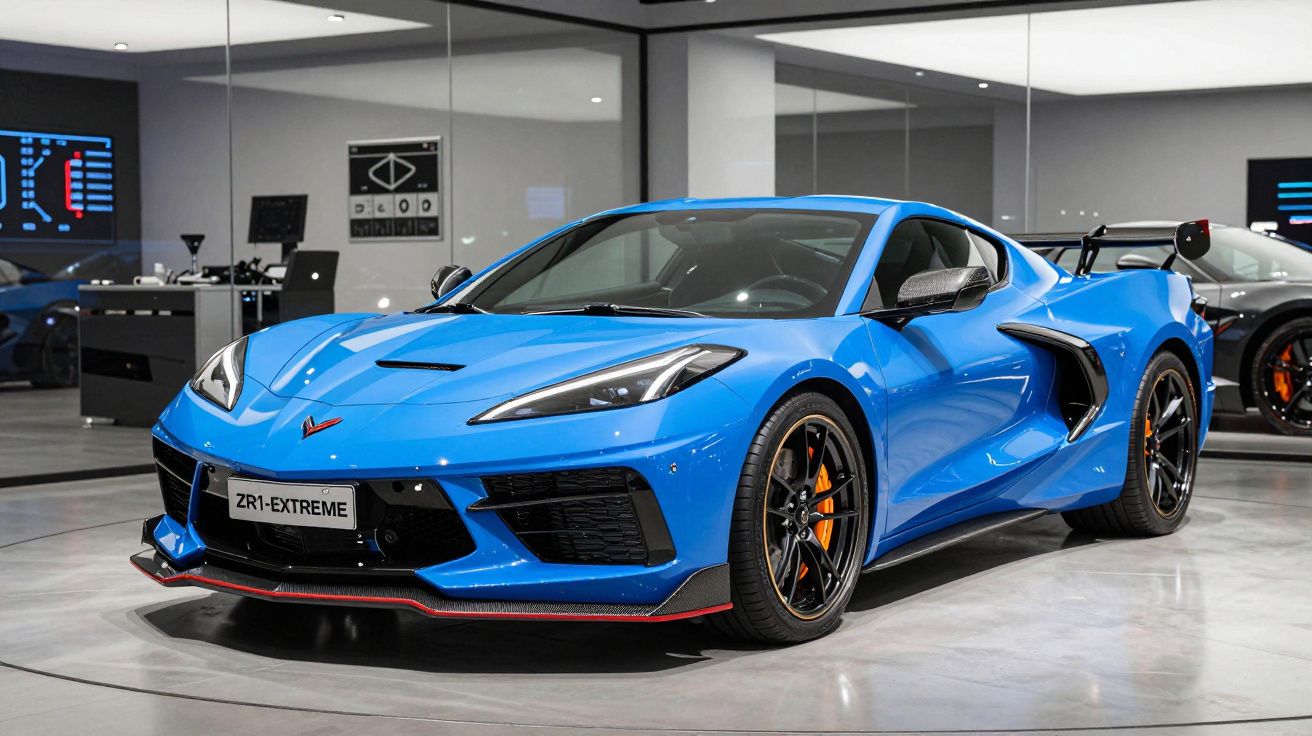 Carro desportivo azul com design moderno e aerodinâmico, estacionado num showroom.