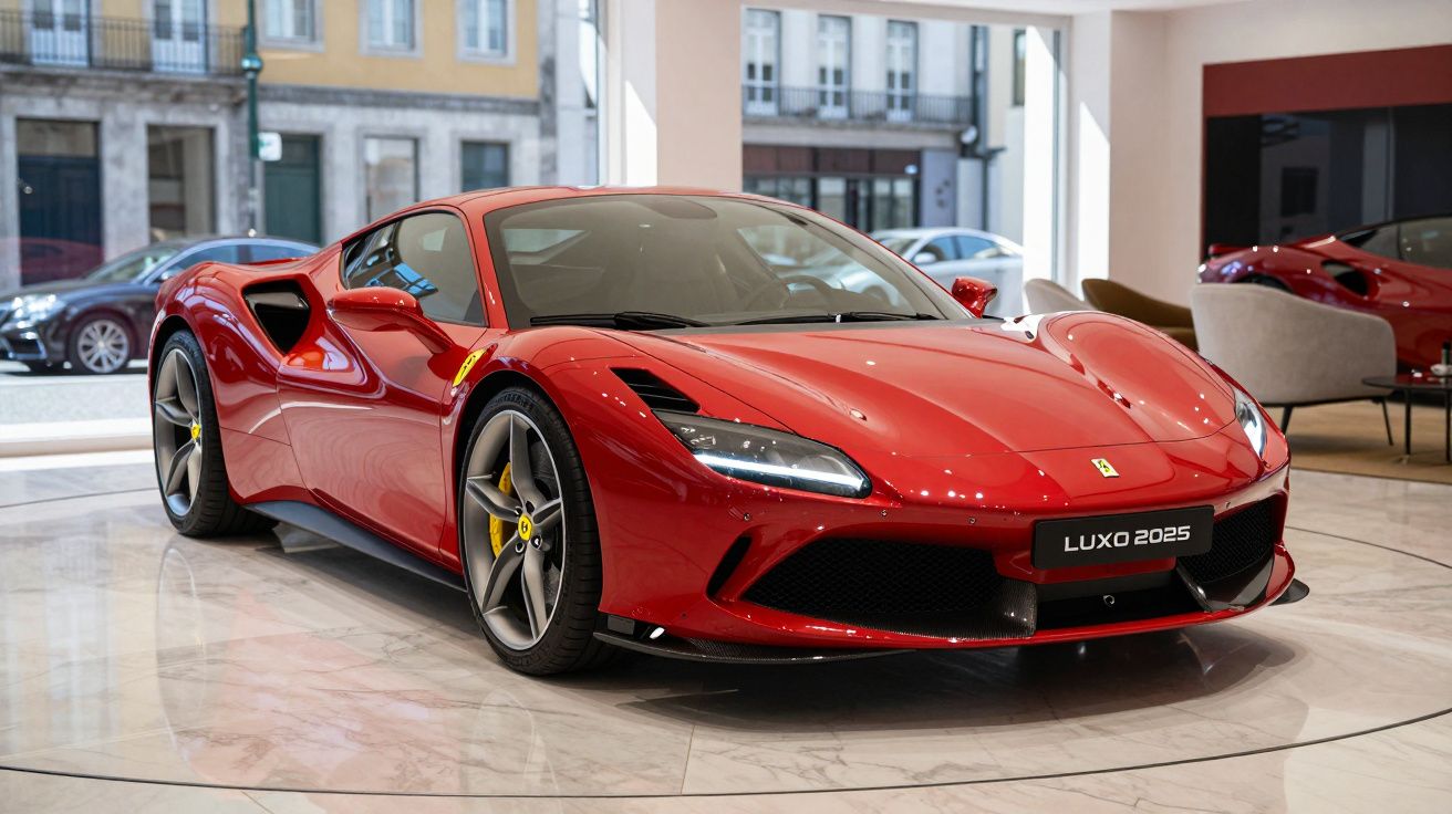 Carro desportivo Ferrari vermelho exposto em concessionária com piso de mármore e vista de rua urbana.