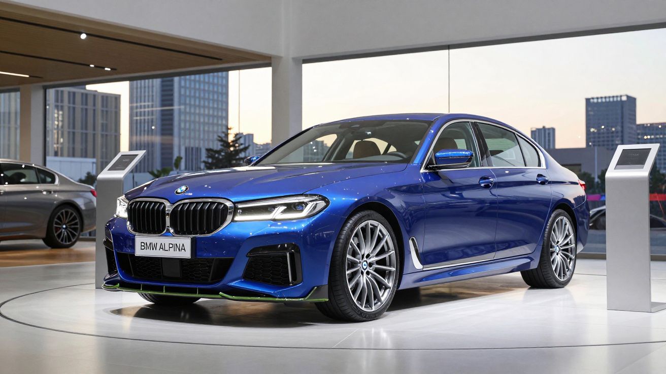 Carro BMW Alpina azul em exposição numa sala moderna com janelas amplas e vista urbana ao fundo.