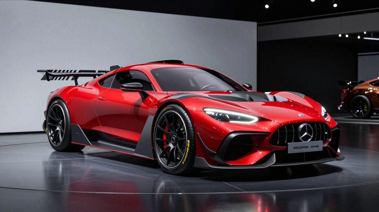 Carro desportivo Mercedes AMG vermelho com detalhes negros exposto em salão automóvel moderno.