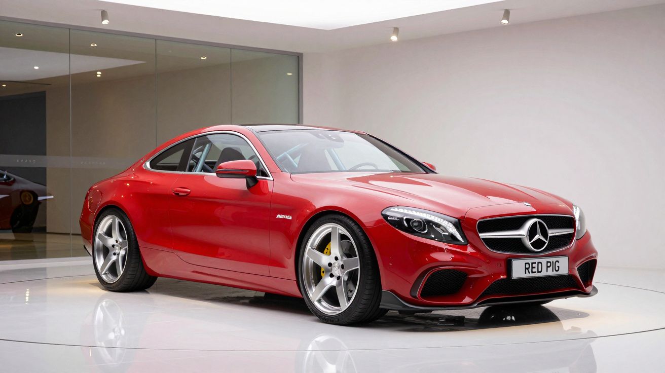 Carro desportivo Mercedes-Benz vermelho estacionado em espaço interior moderno, com rodas prateadas e matrícula RED PIG.