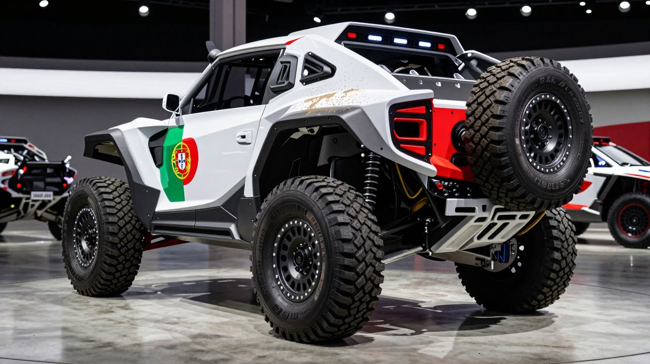 Carro todo-o-terreno branco com bandeira de Portugal na porta e pneus grandes em exposição interior.