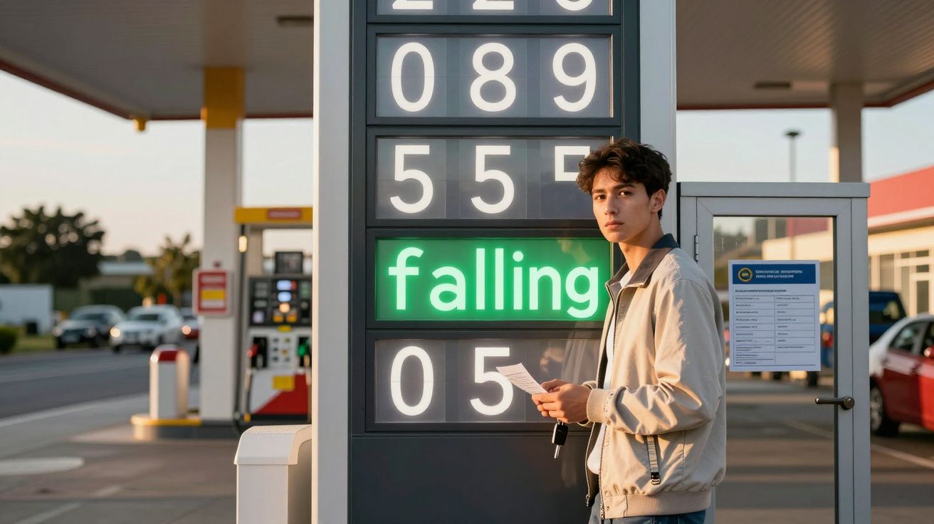 Jovem de casaco bege junto a painel de preços de gasolina com palavra "falling" iluminada a verde.