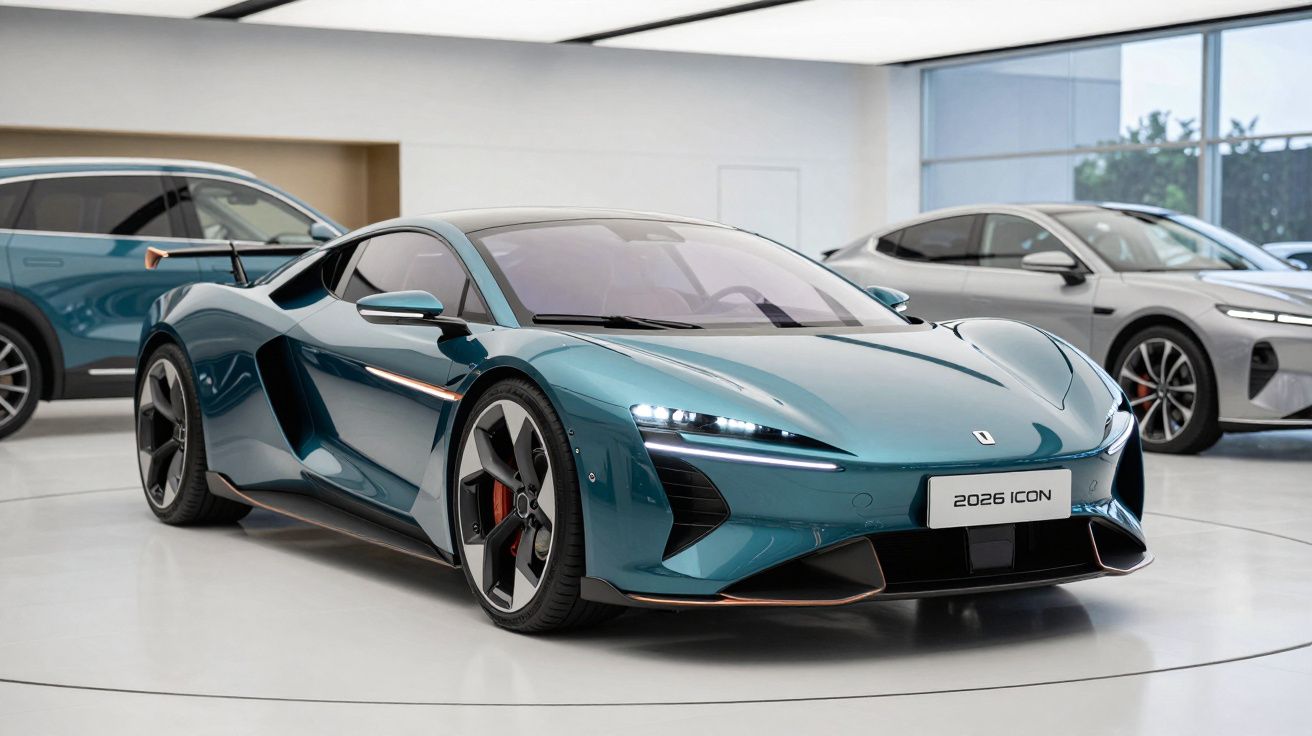 Carro desportivo elétrico azul 2026 Icon em exposição num showroom moderno com jantes aerodinâmicas.