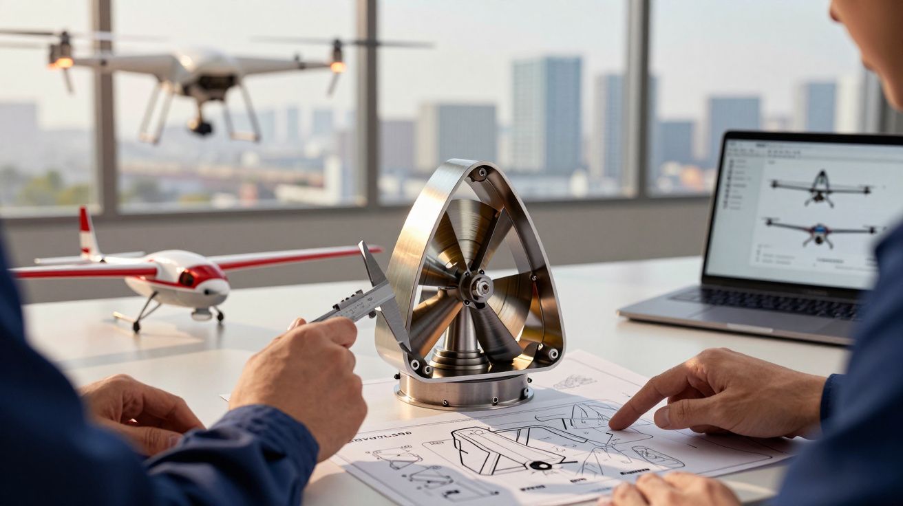 Engenheiros a medir peça metálica e analisar planos de avião numa mesa com drone e computador ao fundo.