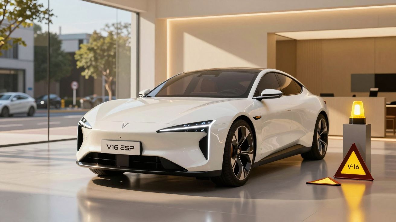 Carro elétrico branco V16 ESP estacionado numa sala moderna com sinal de alerta V-16 e luz amarela.