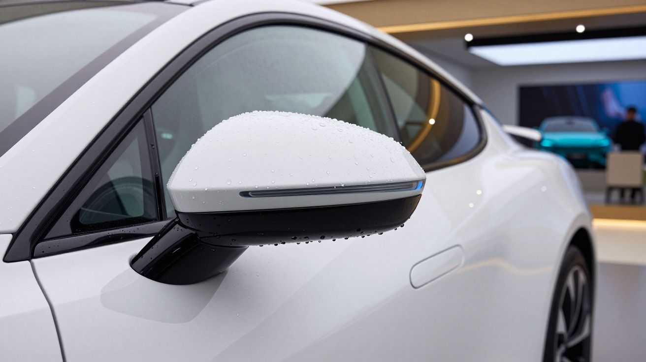 Espelho retrovisor lateral de carro branco com gotas de água num ambiente interior moderno.