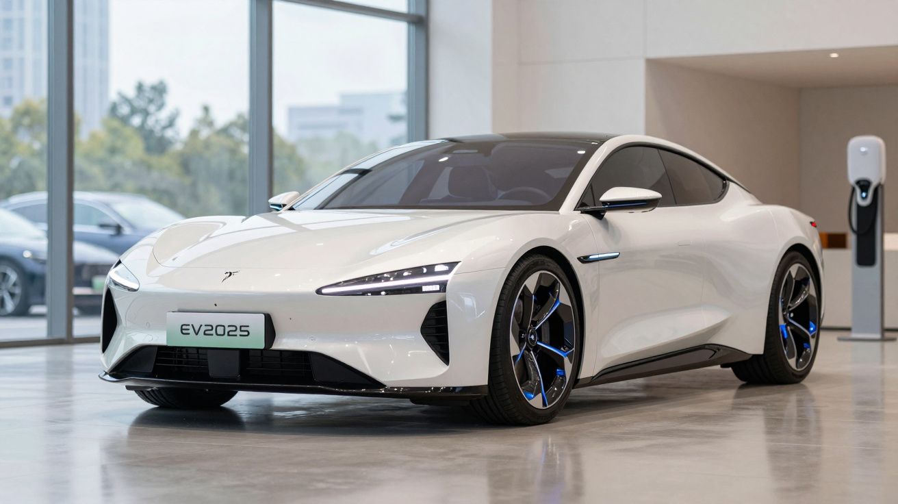 Carro elétrico branco moderno com design aerodinâmico em showroom com estação de carregamento.