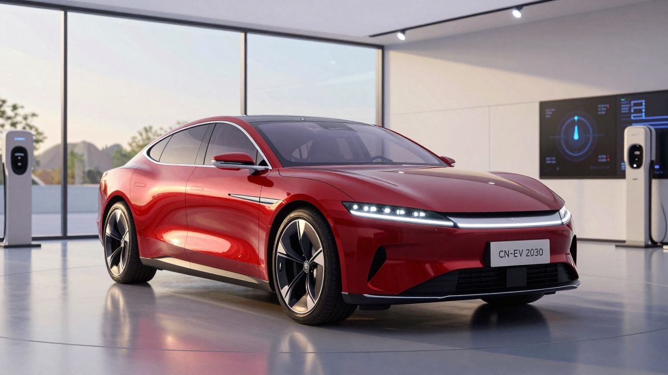 Carro elétrico vermelho moderno estacionado numa garagem com pontos de carregamento ao fundo.