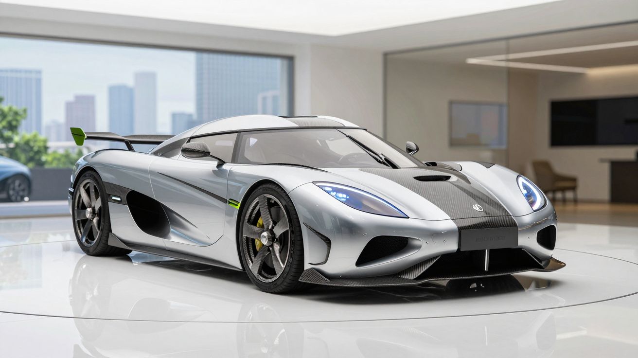 Carro desportivo prateado com detalhes a negro e faróis azuis numa garagem moderna e minimalista.