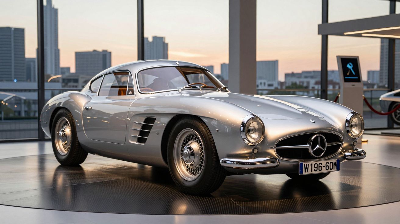 Carro clássico Mercedes-Benz prateado em exposição, com janelas amplas e edifícios ao fundo ao pôr do sol.