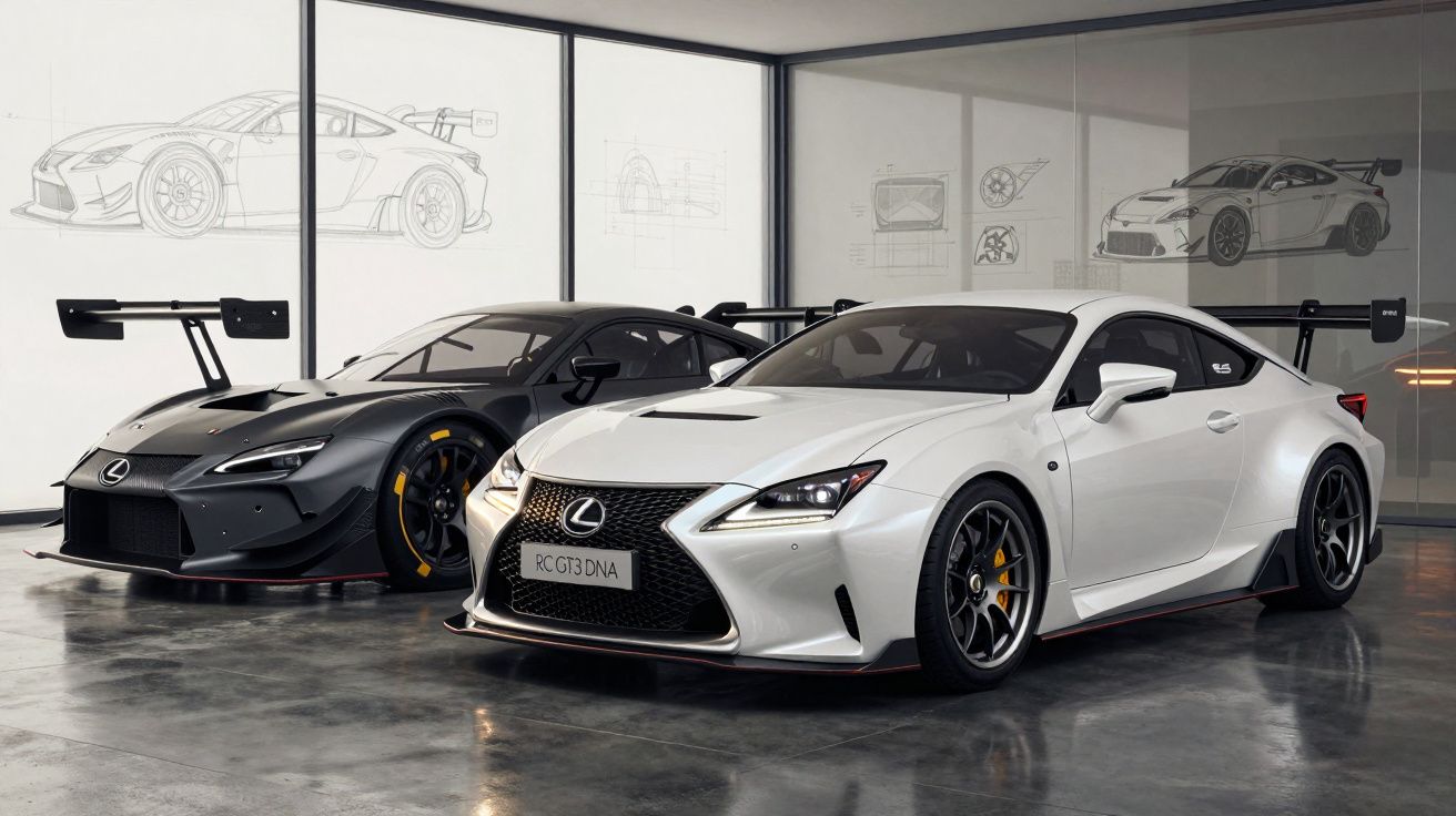 Dois carros desportivos Lexus RC GT3 DNA, um branco e outro preto, estacionados em oficina com esboços no vidro.