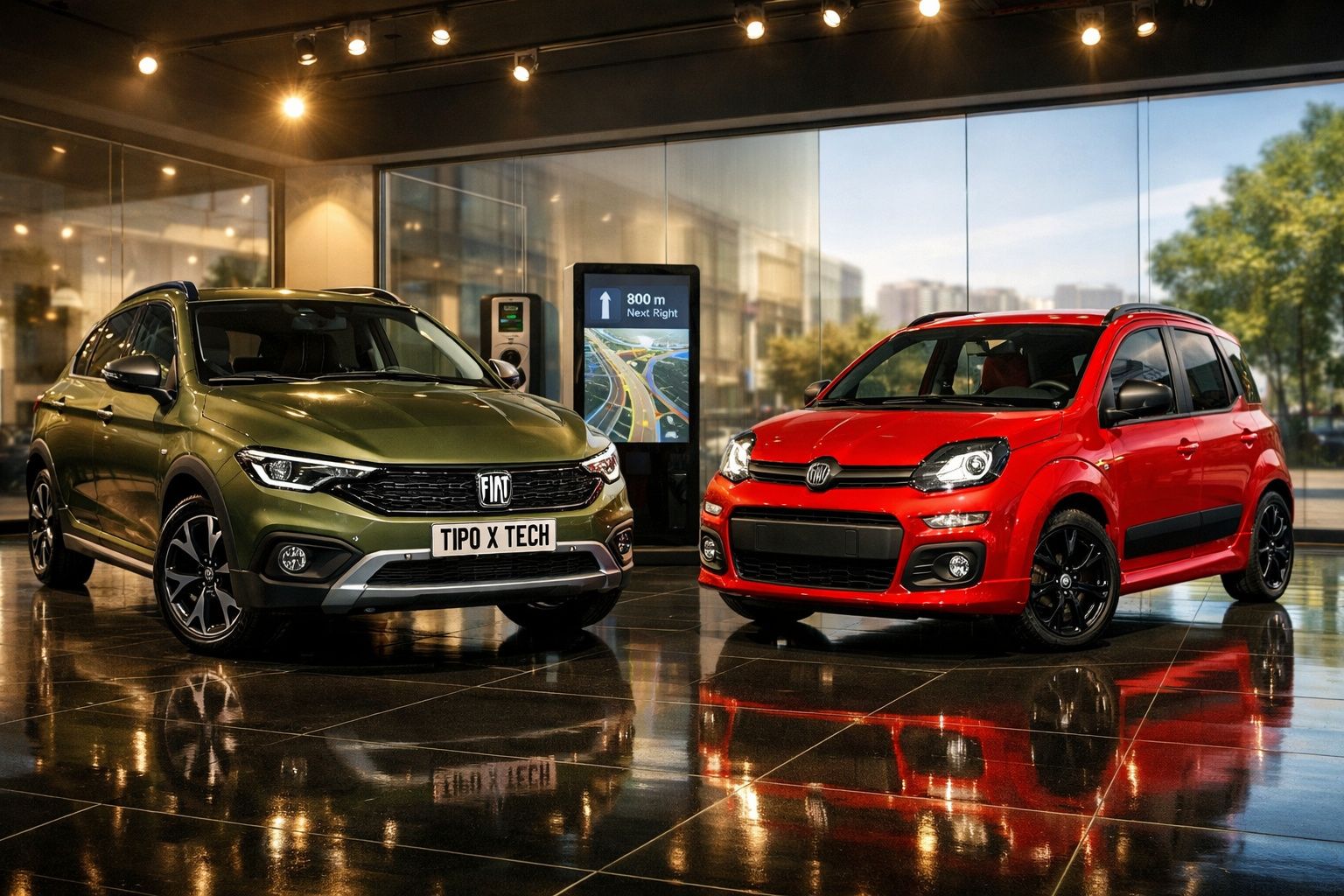 Dois carros Fiat, um verde Tipo X Tech e um modelo vermelho, expostos em espaço interior moderno com chão refletor.