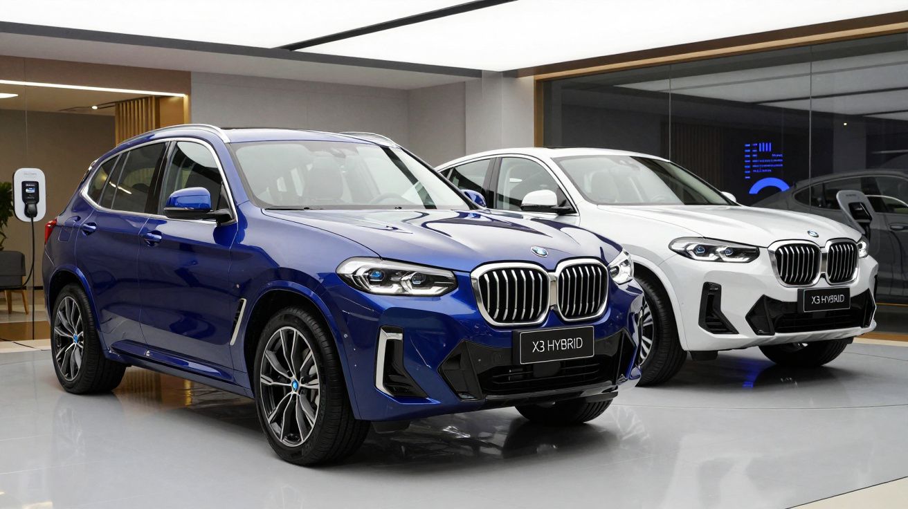 Dois carros BMW X3 Hybrid, um azul e um branco, exibidos numa sala moderna com paredes espelhadas.