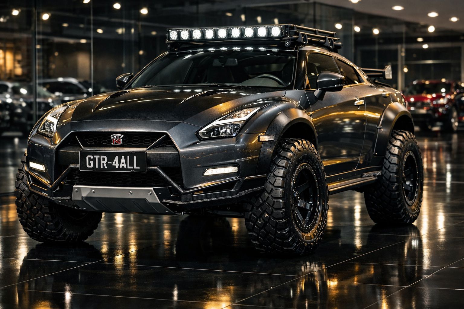 Carro desportivo preto Nissan GTR com pneus off-road e faróis LED numa garagem iluminada.