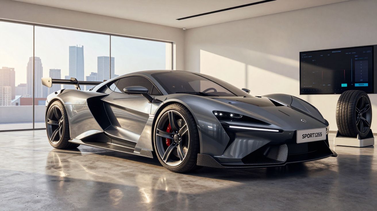 Carro desportivo cinzento metálico estacionado numa garagem moderna com vidros e vista para a cidade.