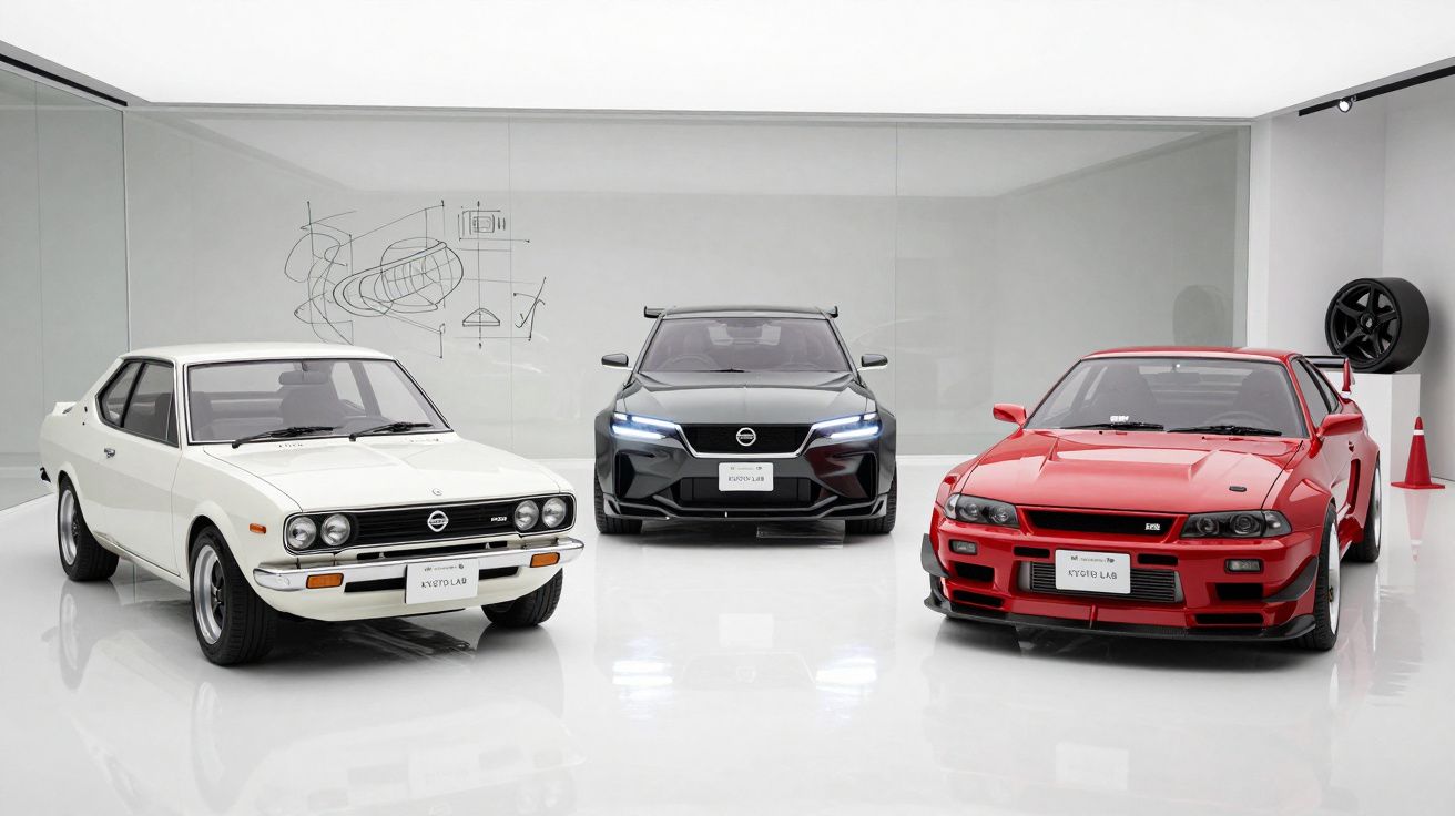 Três carros Nissan apresentados em sala branca, incluindo um modelo clássico branco, um elétrico preto e um desportivo vermel