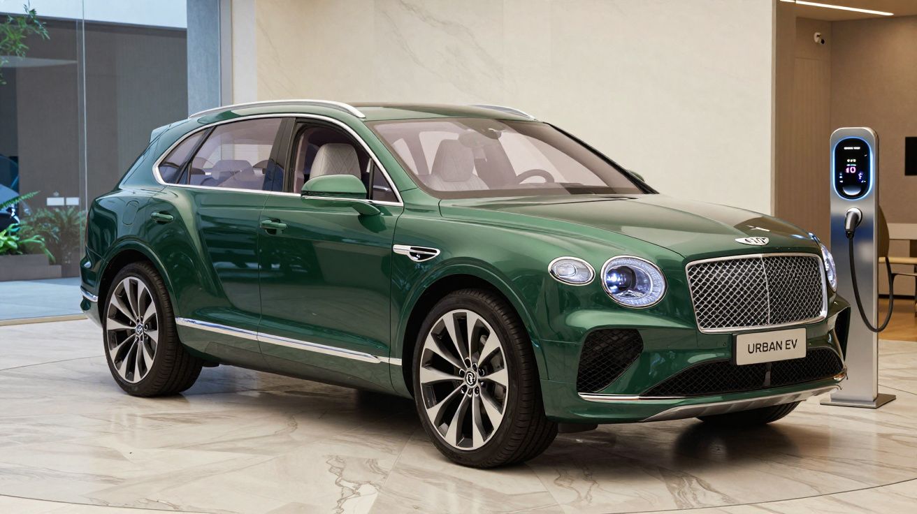Carro elétrico SUV Bentley Urban EV verde estacionado em interior moderno junto a posto de carregamento.
