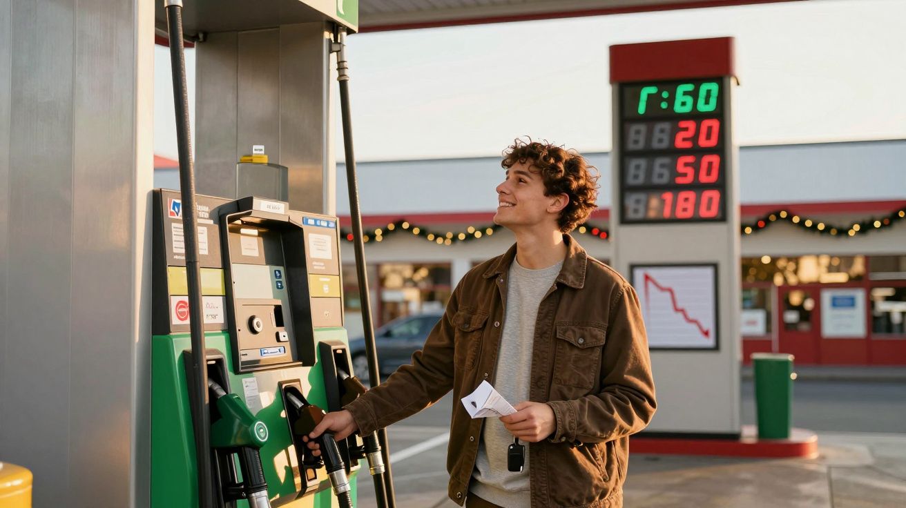 Jovem sorridente a abastecer carro numa bomba de gasolina ao pôr do sol num posto de combustível.