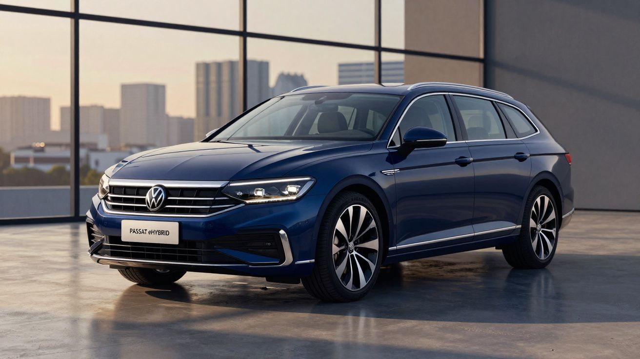 Automóvel Volkswagen Passat híbrido de cor azul estacionado em espaço interior moderno com janelas grandes.
