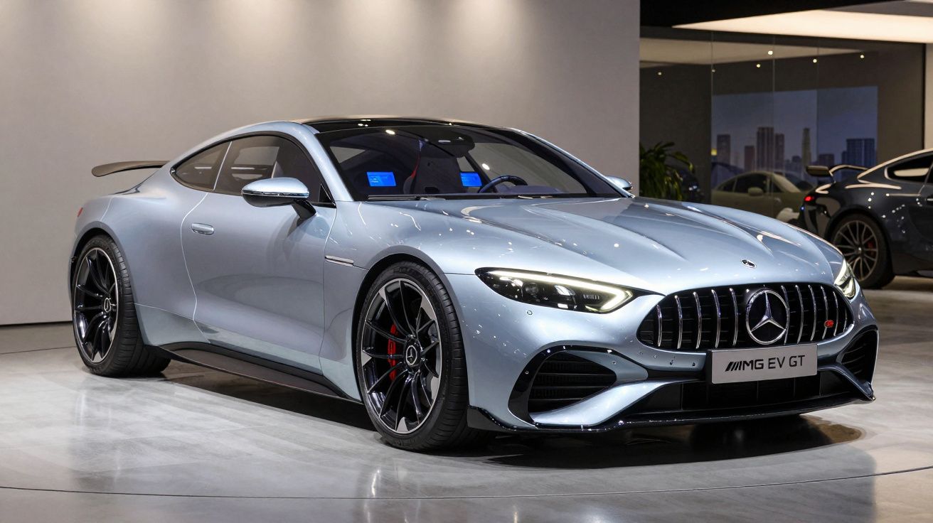 Carro desportivo Mercedes AMG EV GT cinzento metálico em exposição num salão moderno.