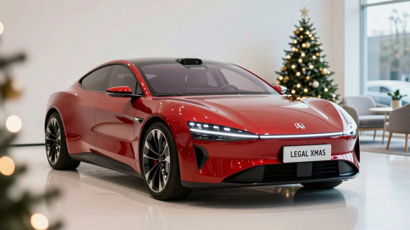 Carro desportivo elétrico vermelho em sala decorada com árvore de Natal iluminada ao fundo.