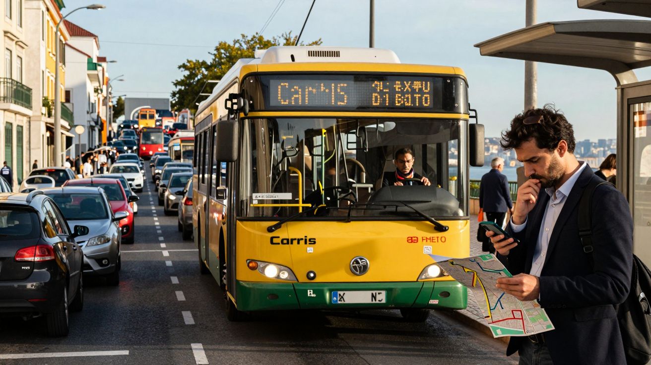 Autocarro amarelo da Carris parado numa rua com trânsito, homem consulta mapa e telemóvel numa paragem.