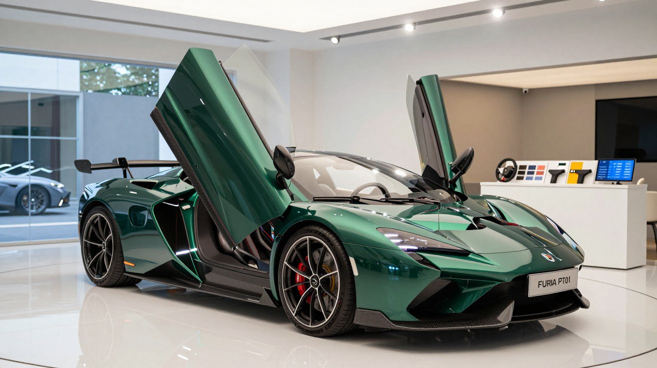 Carro desportivo verde Furia PT01 com portas abertas em concessionária moderna com chão branco e luzes focais.