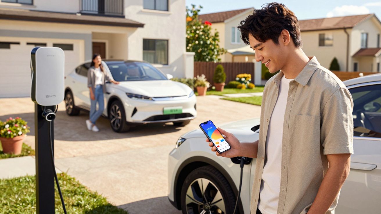 Homem junto a carro elétrico a carregar e a usar telemóvel, mulher encostada noutro carro diante de casa.