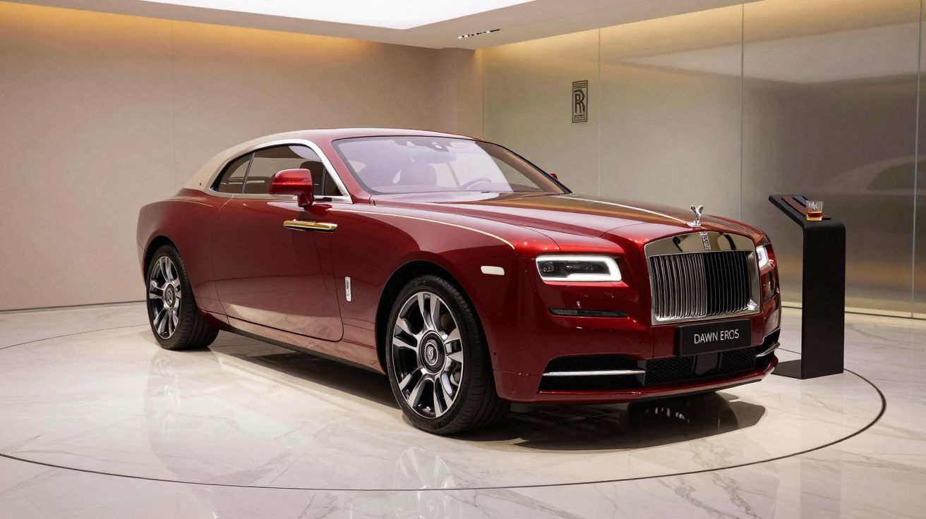 Carro de luxo Rolls-Royce Dawn Eros vermelho brilhante em exposição interior com chão de mármore.