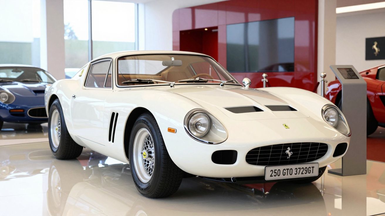 Carro desportivo clássico branco Ferrari 250 GTO em exposição num museu moderno com chão espelhado.