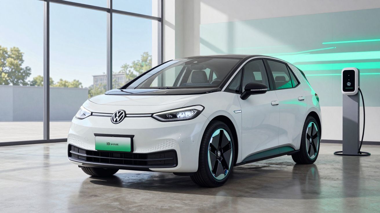 Carro elétrico Volkswagen ID.3 branco estacionado junto a posto de carregamento numa garagem moderna.