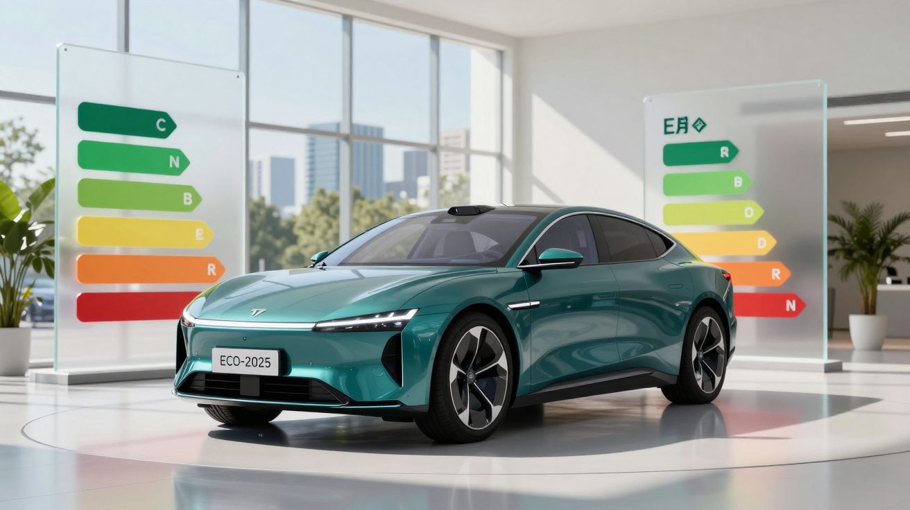 Carro elétrico verde em showroom moderno, com painéis de eficiência energética coloridos ao fundo.
