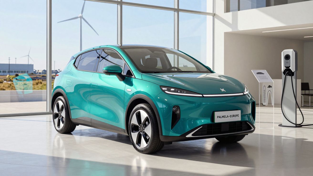 Carro elétrico turquesa estacionado num salão moderno com carregador e turbinas eólicas visíveis na janela.